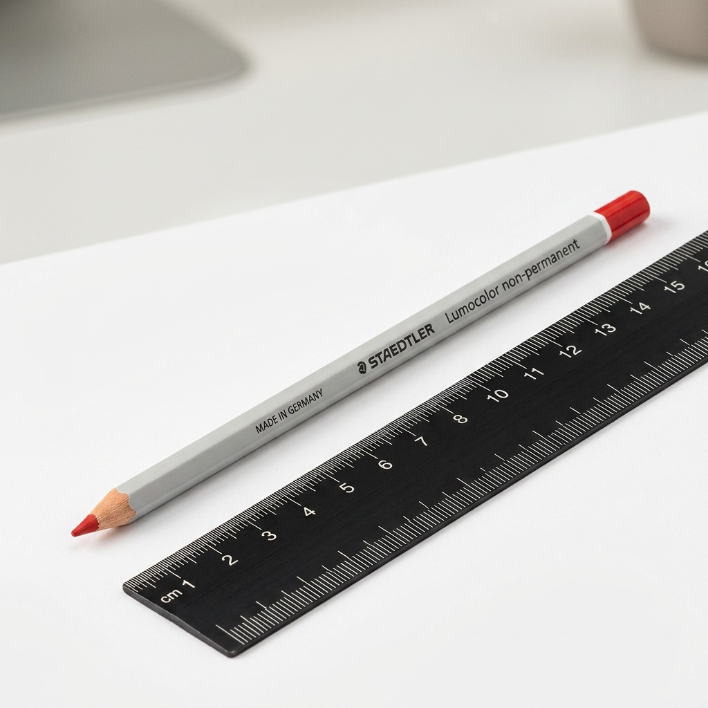 A high-resolution ecommerce hero shot of the white Staedtler Omnichrom 108-2-10 non-permanent red colored pencil, featuring its specific markings, against a pure white background.