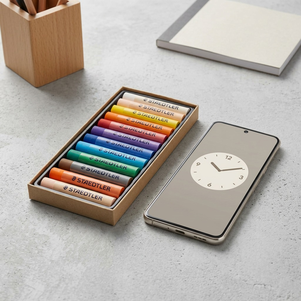 A pure, high-resolution ecommerce hero shot of the STAEDTLER 2420-C12-07 12-pack of oil pastels as shown in its original packaging, centered with clean edges on a pure white background.