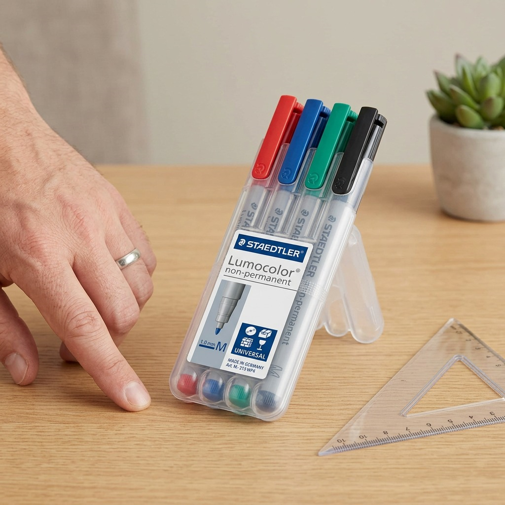 A high-resolution ecommerce hero shot of the STAEDTLER Lumocolor non-permanent marker set (315 WP4) in its clear case, centered against a pure white background.