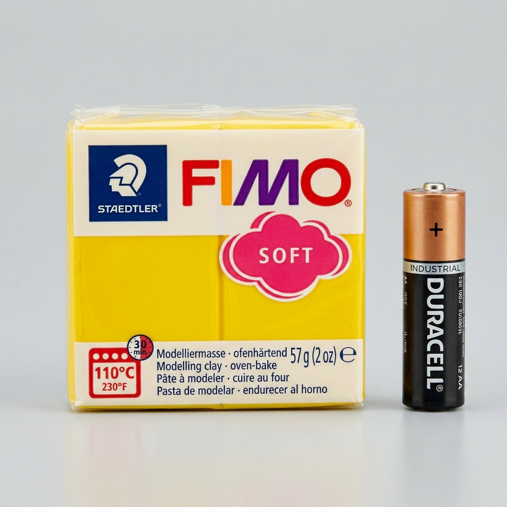 A pure, high-resolution hero shot of one 57g bar of yellow STAEDTLER Fimo Soft polymer modelling clay.