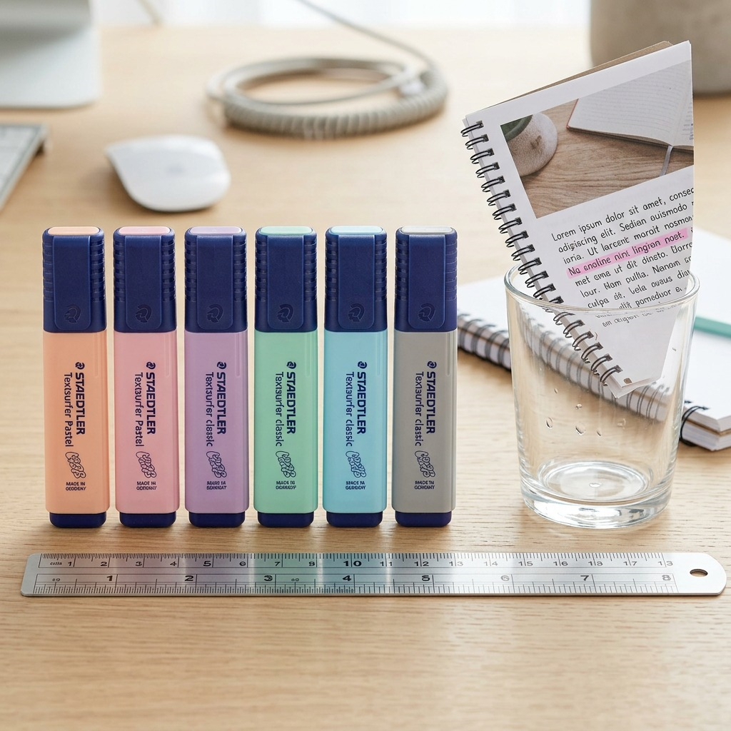 Pure hero shot of the 6-pack STAEDTLER Textsurfer Pastel Highlighters on a white background.