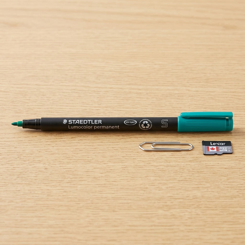 A high-resolution, centered view of the STAEDTLER Lumocolor permanent super fine 313 marker on a pure white background.