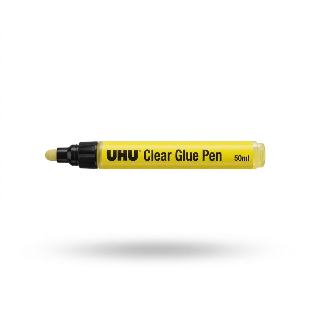 A close-up photograph of one UHU Clear Glue Pen on a white background.