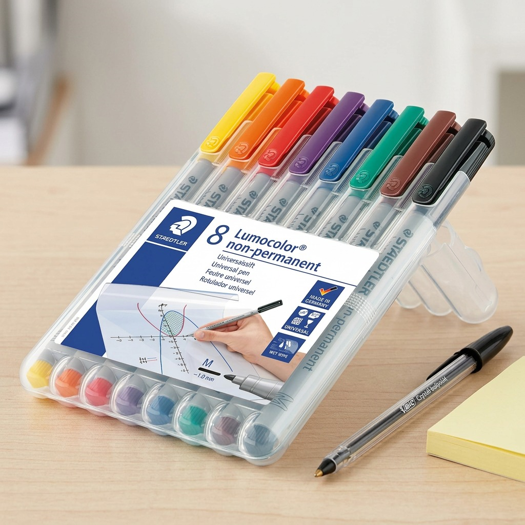 High-resolution hero shot of an 8-pack of STAEDTLER Lumocolor non-permanent markers in a clear plastic case.