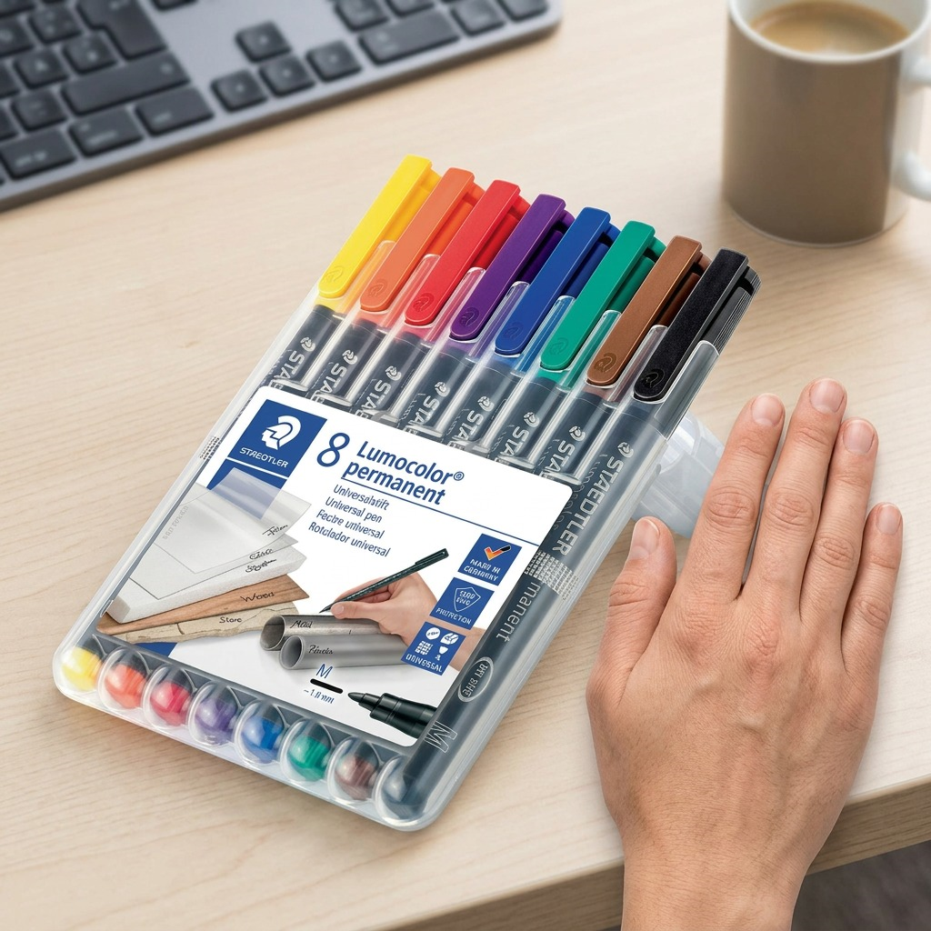 Pure high-resolution hero shot: STAEDTLER Lumocolor permanent markers (set of 8) without packaging, centered on a pure white background.