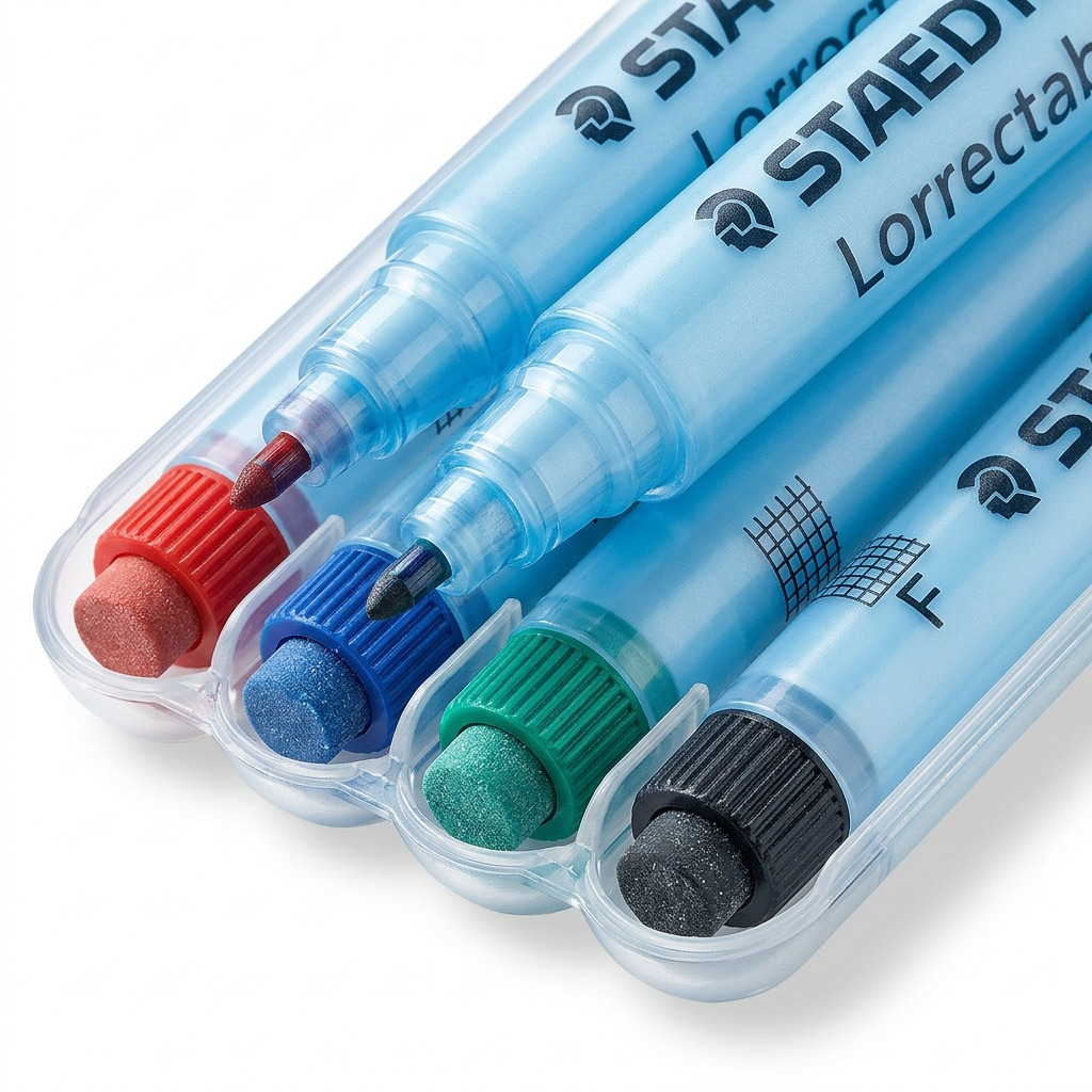 A precise, high-definition centered hero shot of the STAEDTLER Lumocolor 305F-WP4 whiteboard marker set in its transparent holder on a white background. No packaging is present.