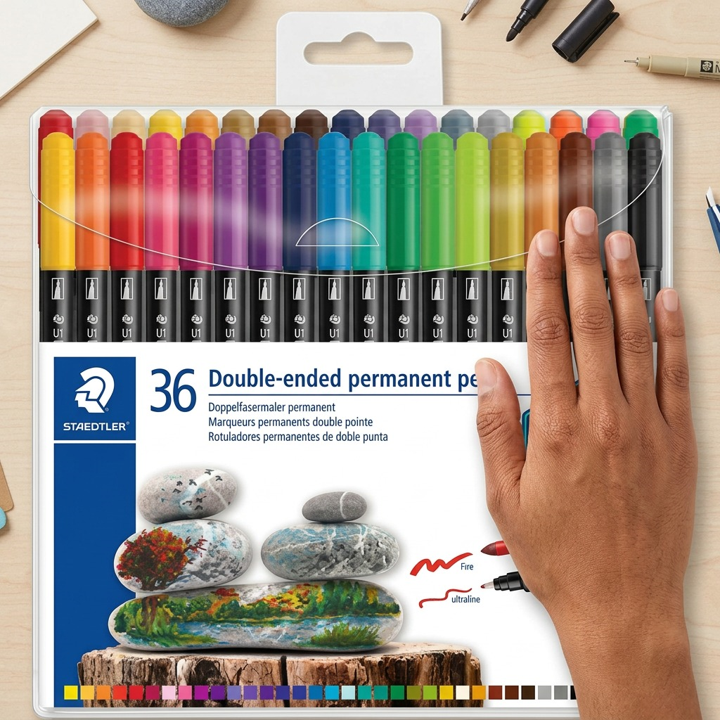 A set of 36 Staedtler double-ended fiber-tip pens in a clear plastic case, centered on a white background.