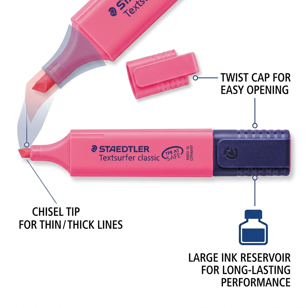 High-resolution hero shot of a fluorescent pink STAEDTLER Textsurfer highlighter on a white background.