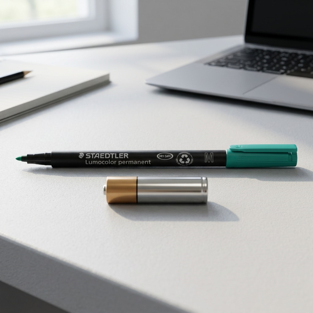 A detailed high-resolution product shot of a green STAEDTLER Lumocolor permanent marker.