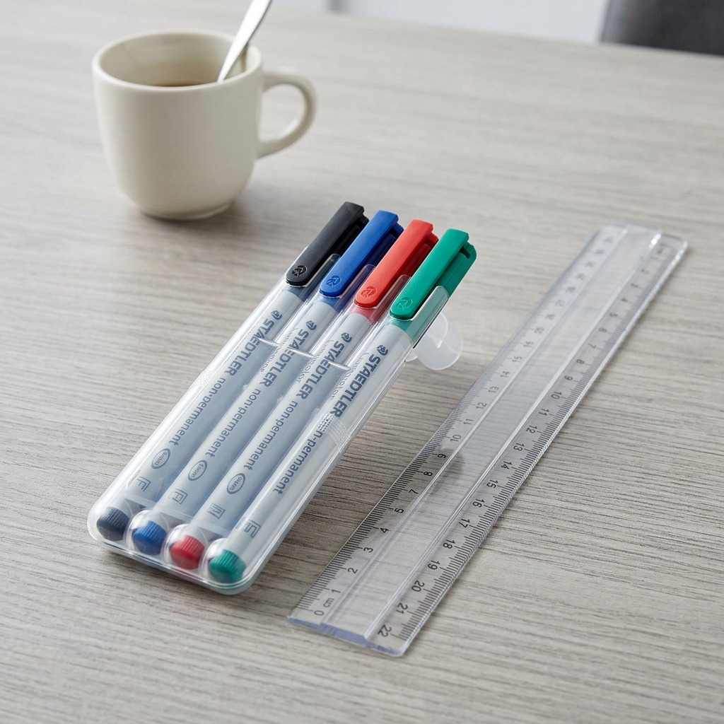 A premium, close-up photo of the STAEDTLER Lumocolor non-permanent fineliner markers. The four-pack includes black, blue, red, and green markers, aligned and parallel, with the brand and type text clearly visible on their silver barrels. The setting is a clean, crisp product shot ready for ecommerce.