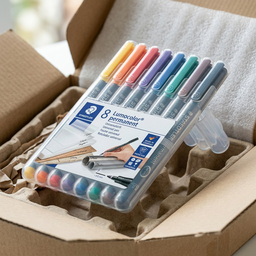 Pure high-resolution photo of the STAEDTLER Lumocolor permanent markers 8-pack standing upright on a seamless white background.