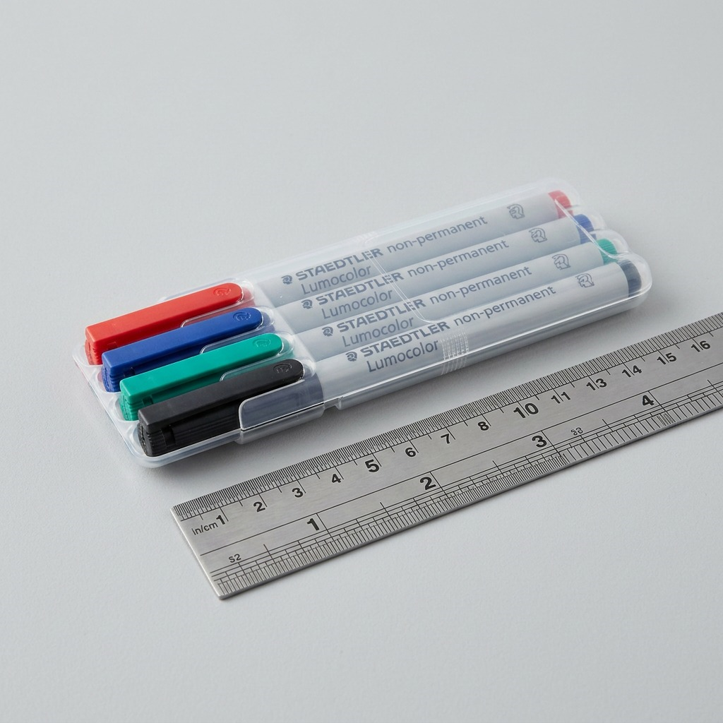 Pure high-resolution hero shot of four STAEDTLER Lumocolor non-permanent fineliner markers on white.