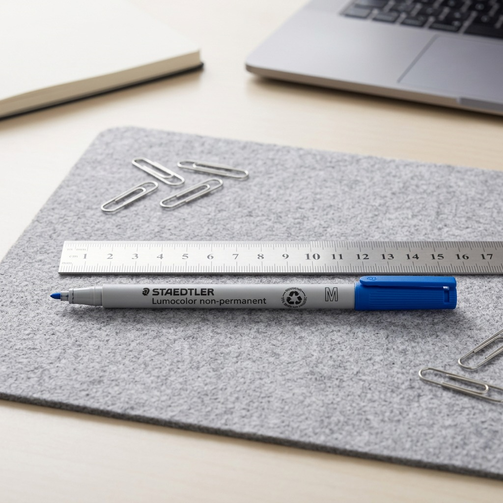 A high-resolution product photograph of a STAEDTLER Lumocolor non-permanent medium blue marker.