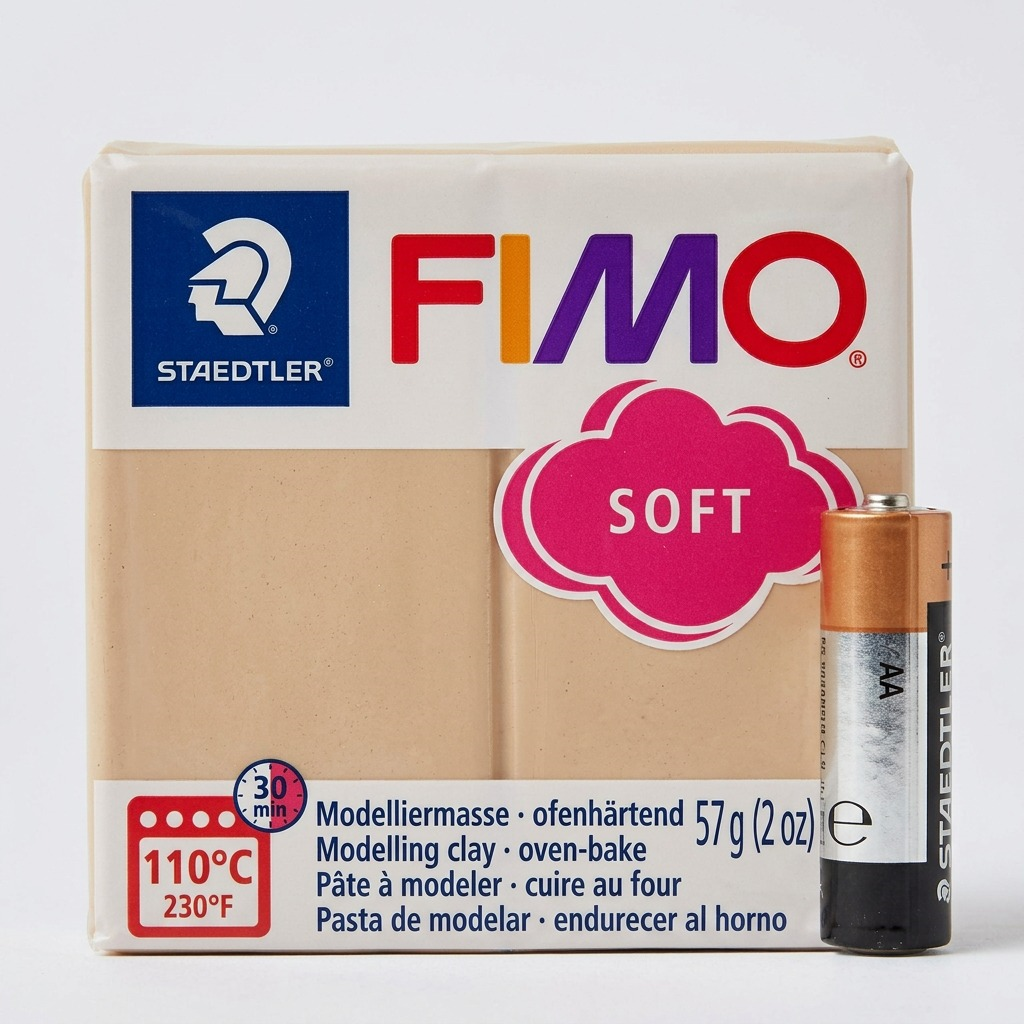 Pure high-resolution hero shot of STAEDTLER Fimo Soft Sahara 57g (2 oz) modeling clay in its original packaging, centered on a pure white background.