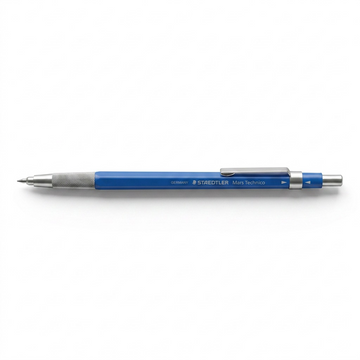 STAEDTLER Mars Technico 2mm clutch pencil with blue body, metal grip, and clip on white background.
