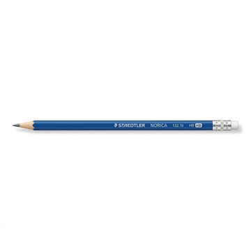 A high-resolution image of a Staedtler Norica blue pencil, sharpened and with a silver ferrule and white eraser.