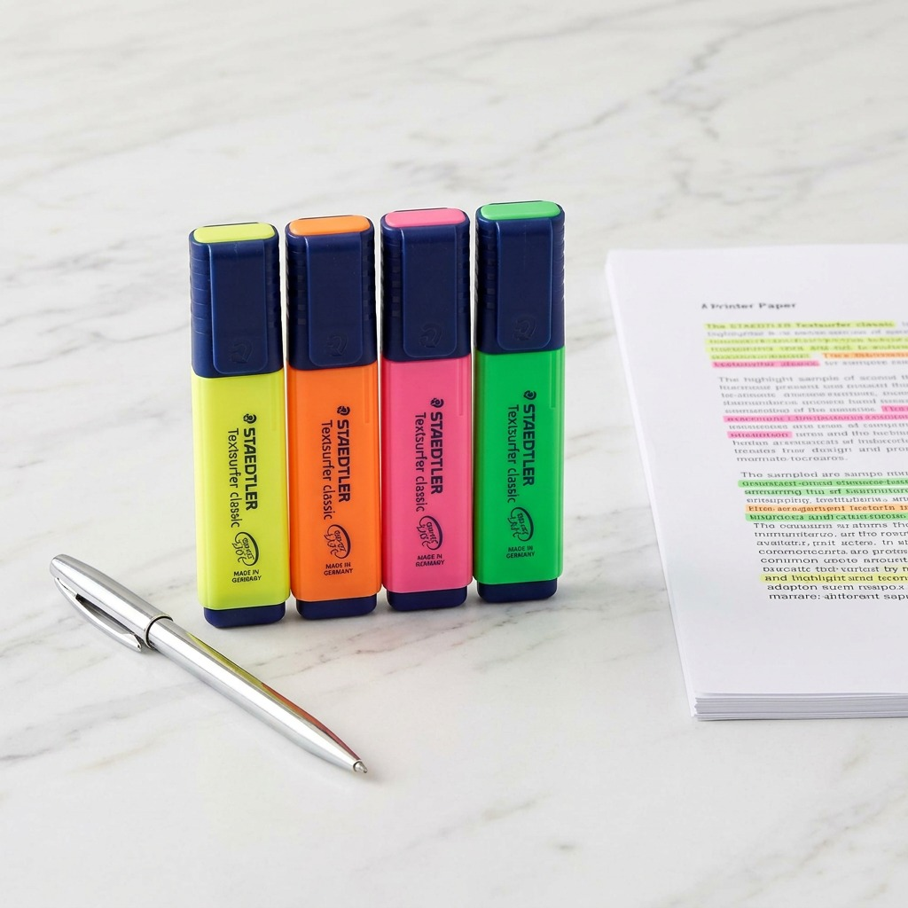 High-resolution hero shot of four STAEDTLER Textsurfer classic highlighters: yellow, orange, pink, green.