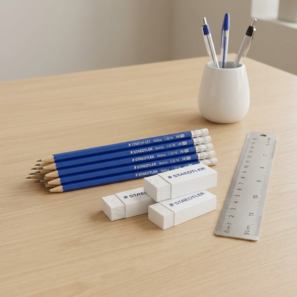 Scale reference: STAEDTLER pencils and erasers with a 15cm ruler on a minimal desk.