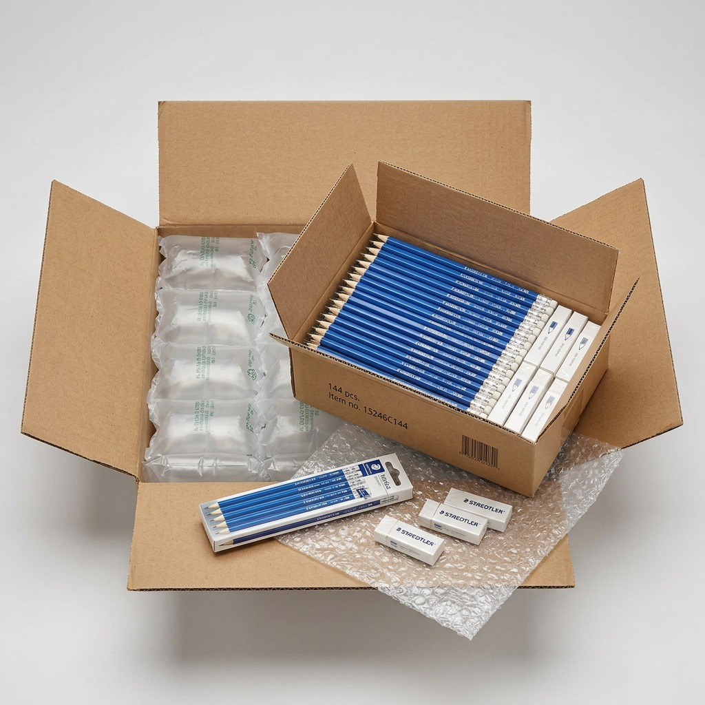 Premium unboxing photo showing Staedtler pencils protected by air pillows and bubble wrap.
