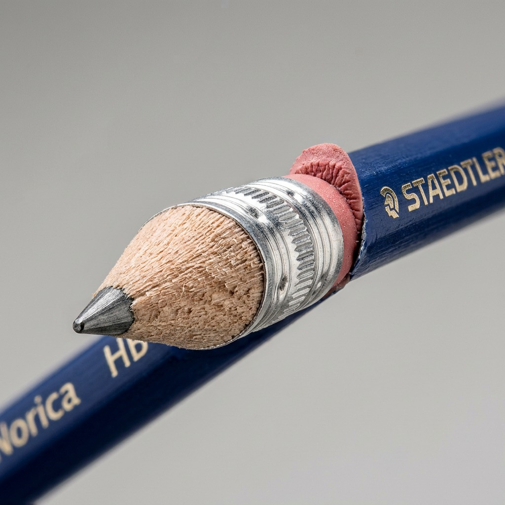 Macro close-up of a STAEDTLER Norica pencil tip, showing sharp graphite, fibrous wood grain, and knurled silver ferrule.