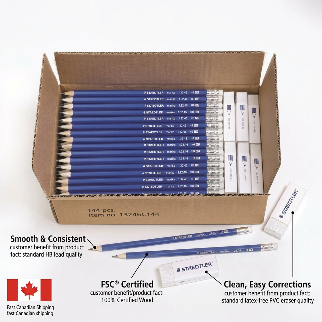 An operational feature callout graphic for the STAEDTLER Norica Pencil. Overlay pointers: a line with pointer "A" to the eraser (clean eraser fact, clean, easy corrections benefit), a line with pointer "B" to the pencil point (smooth and consistent lead fact, consistent writing benefit), a line with pointer "C" to the pencil barrel (100% Certified Wood fact, sustainable material benefit). Includes a small Canadian flag with "Fast Canadian Shipping" text.
