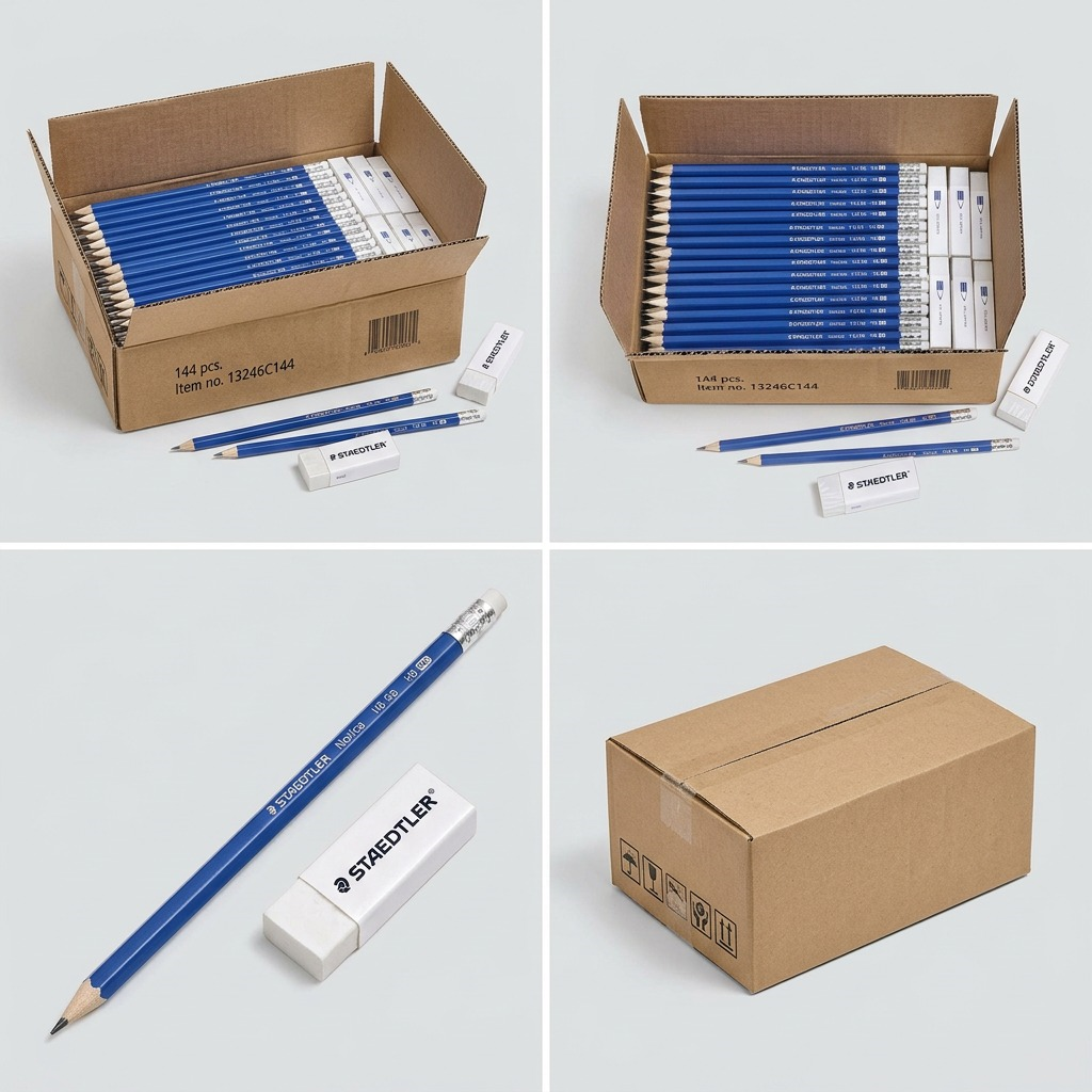 Pencil class pack: multi-angle views of the 144-count Norica set in a clean grid layout.