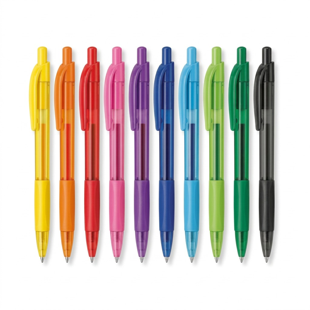 A high-resolution product shot of a ten-pack of colored retractable STAEDTLER ballpoint pens against a pure white background.