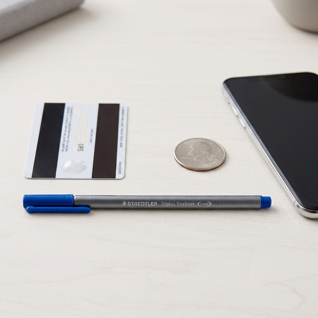 A crisp, high-resolution hero shot of a single STAEDTLER triplus fineliner pen, 0.3mm blue, on a pure white background.