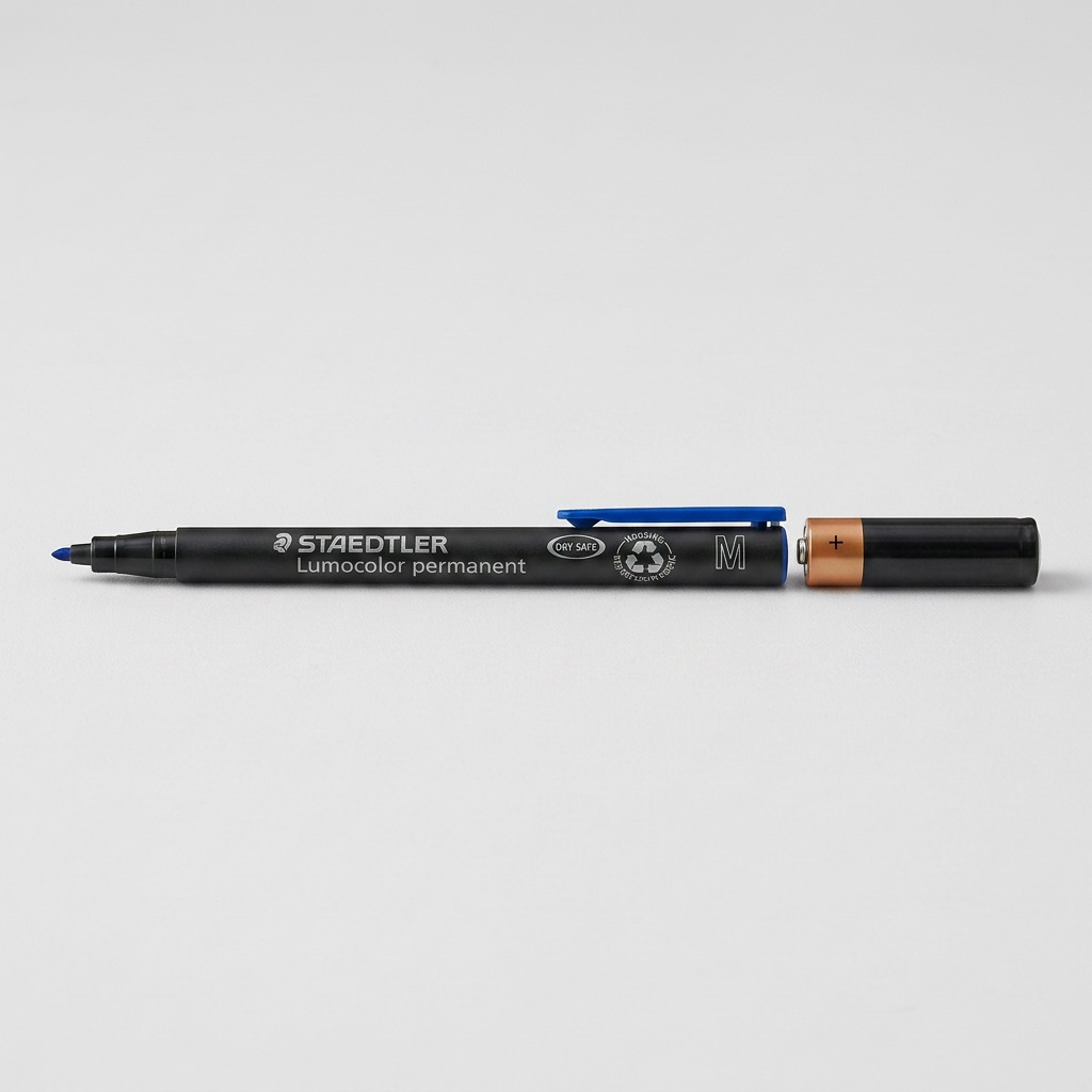 Pure high-resolution ecommerce hero shot of the STAEDTLER Lumocolor permanent medium blue marker, 317-3, on a pure white background.