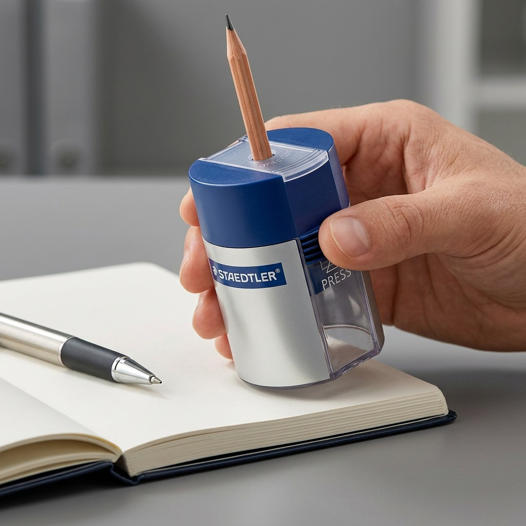 A high-resolution product shot of the STAEDTLER 511-001-A602 metal sharpener and waste container.