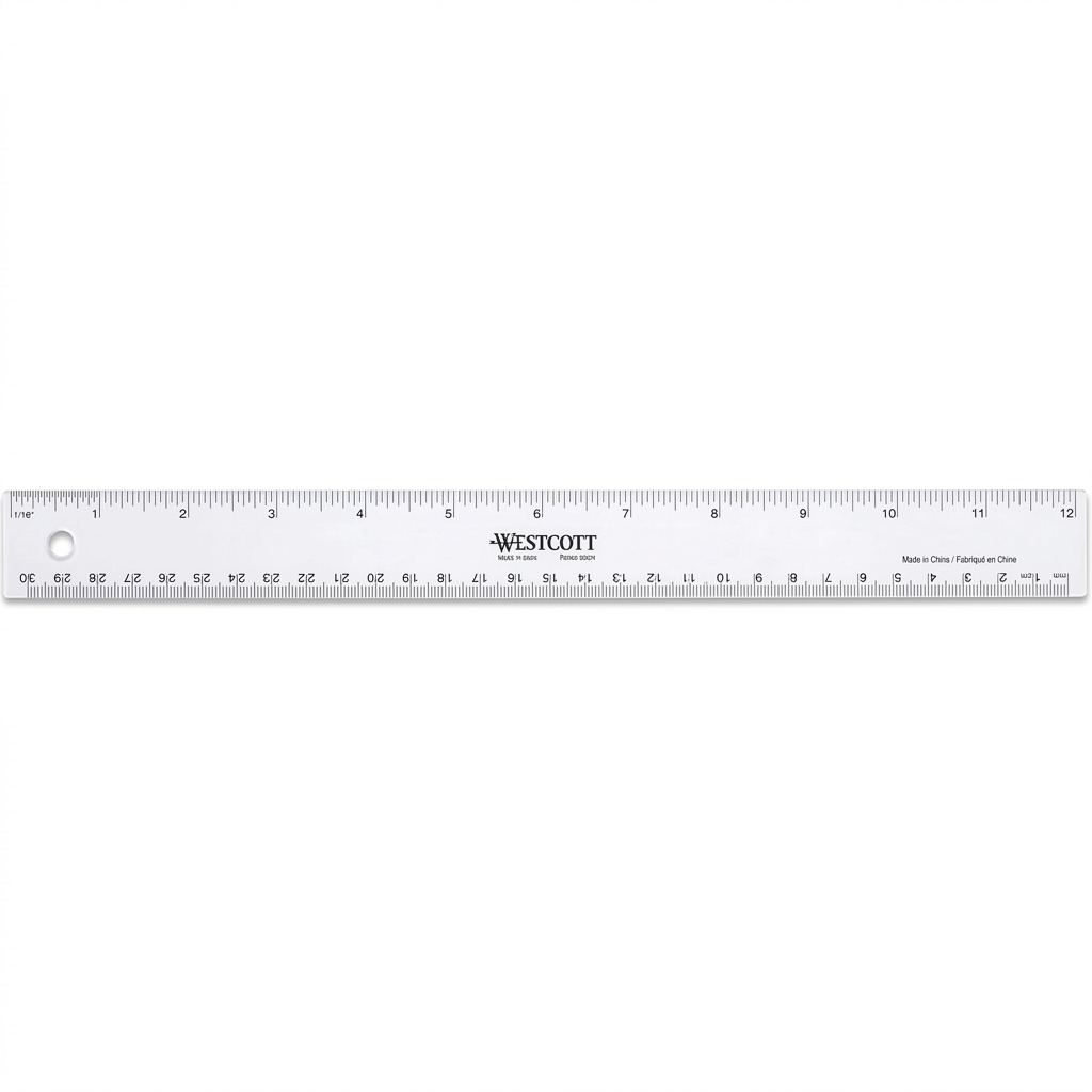 A high-resolution product shot of the Westcott 12-inch/30cm clear plastic ruler, as shown in image_0.png, resting horizontally on a pure white background with a clean, soft shadow and crisp edges.
