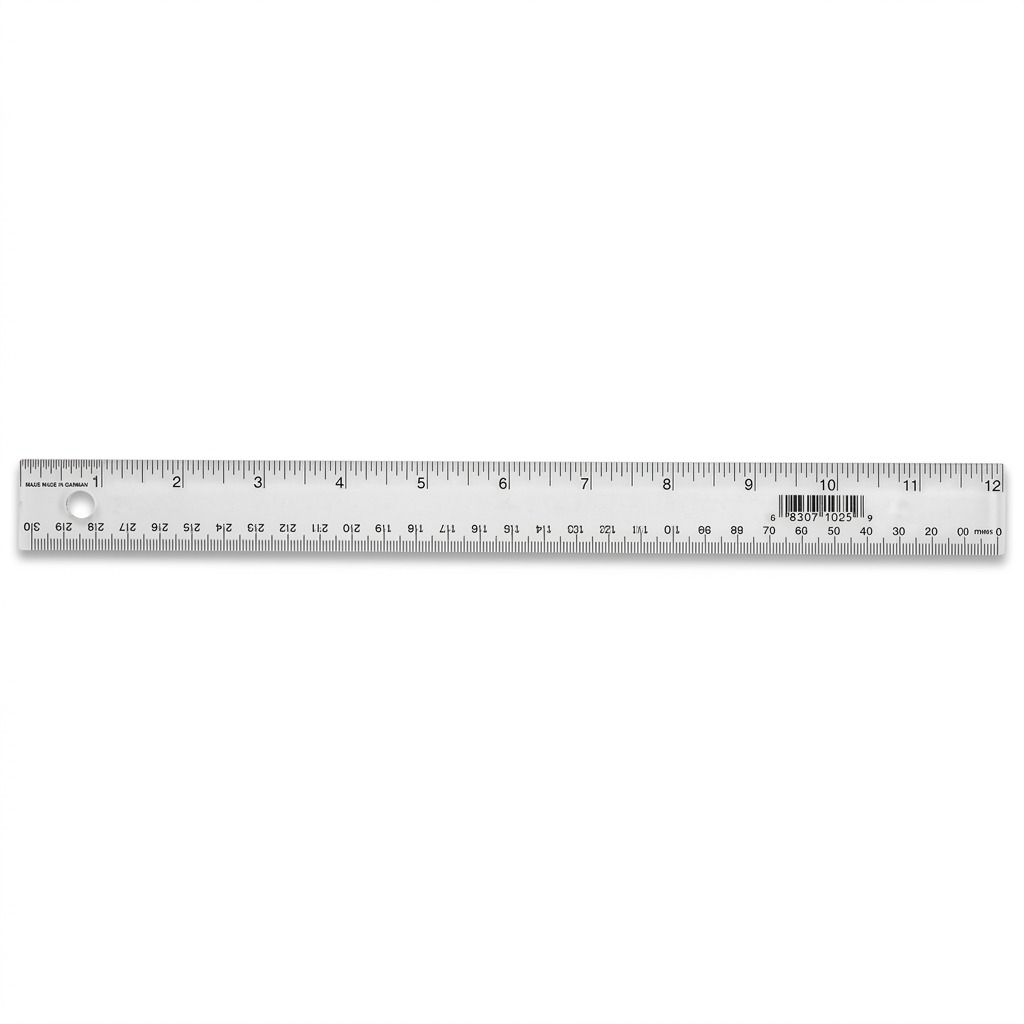 Westcott 12 inch (30 cm) clear acrylic ruler, double bevel, with inch and metric scales.
