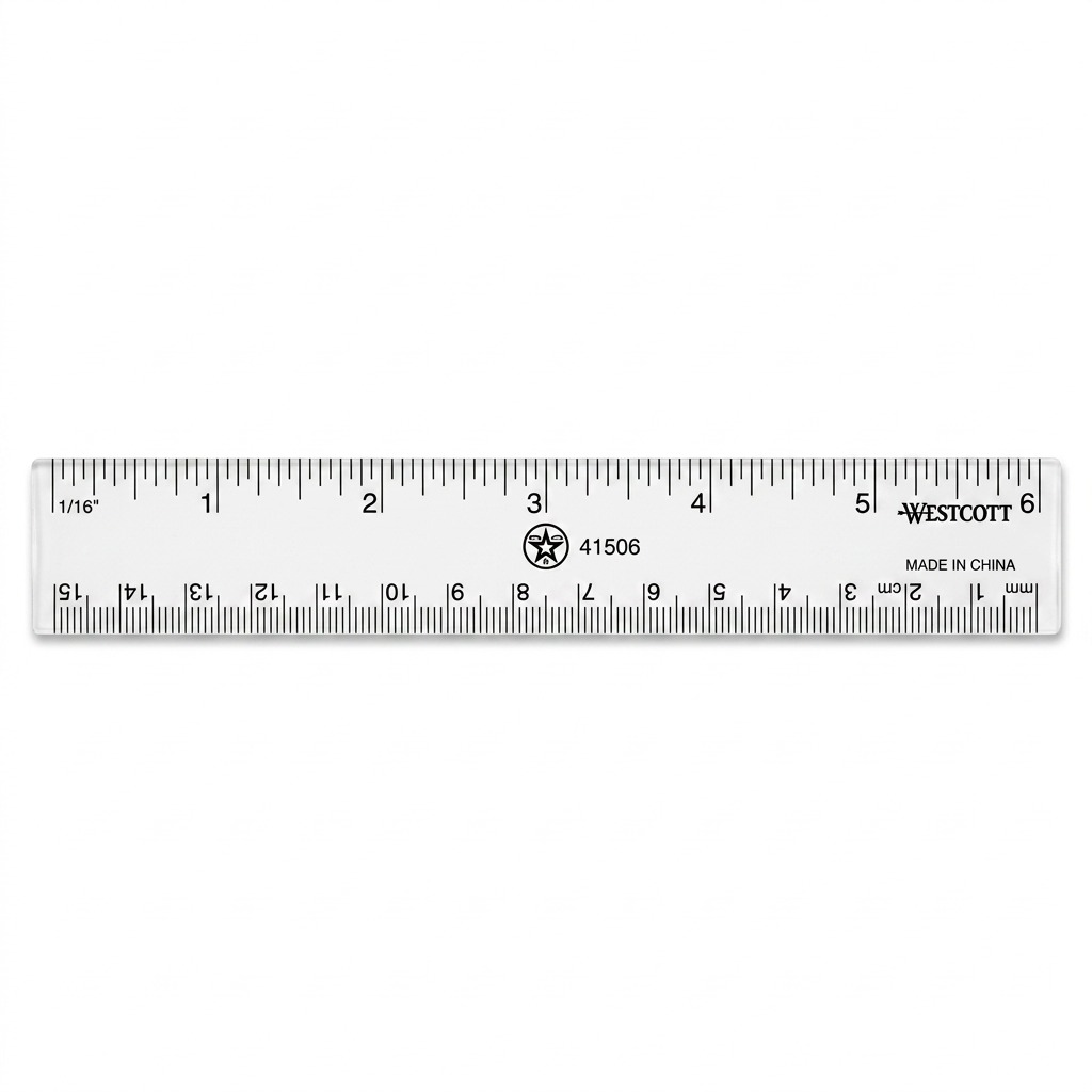 High-resolution hero shot of the canonical Westcott 6" / 15cm transparent plastic ruler with all markings, centered on a pure white background.
