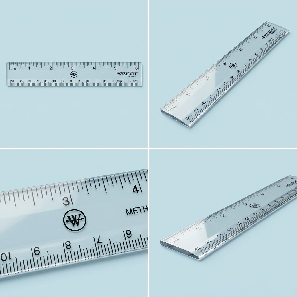 High-resolution hero shot of the canonical Westcott 6" / 15cm transparent plastic ruler with all markings, centered on a pure white background.