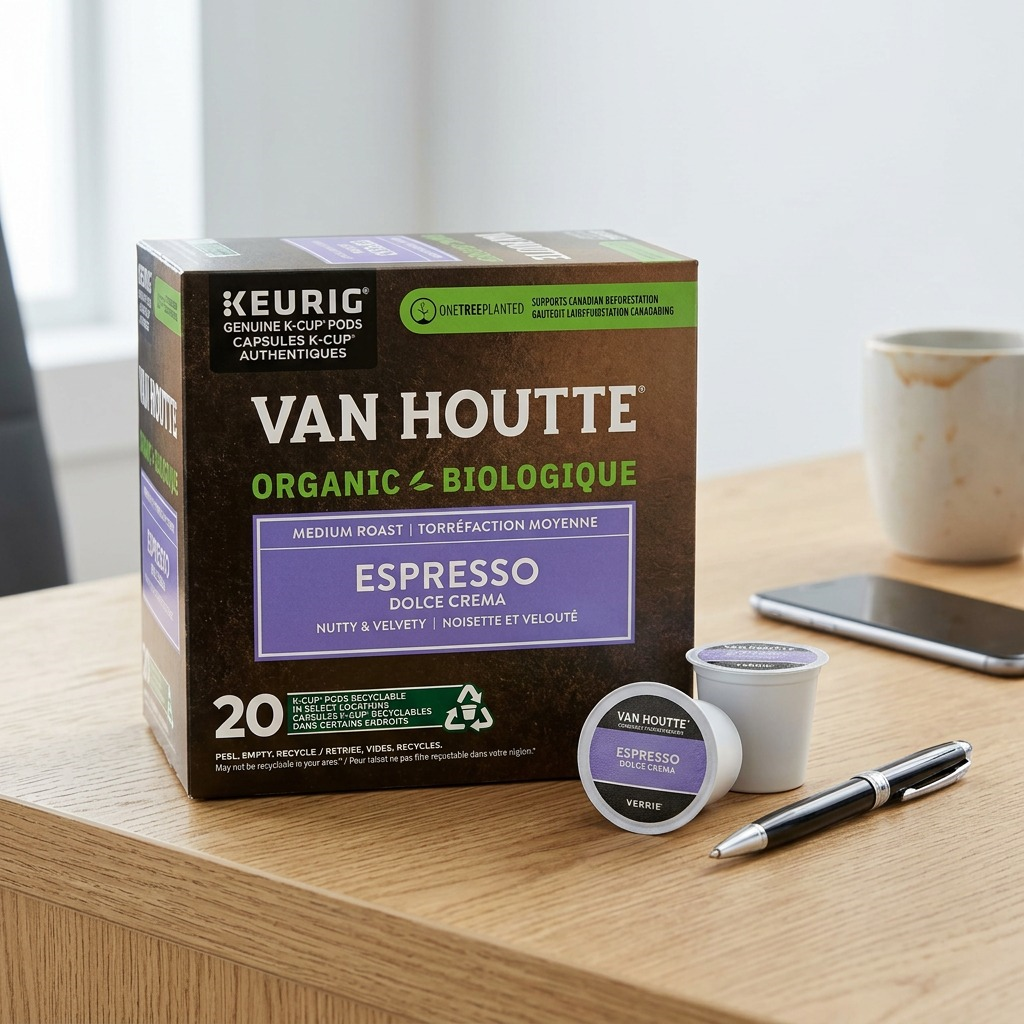 A professional, high-resolution hero image of the Keurig Van Houtte Espresso Dolce Crema K-Cup pod and its packaging against a pure white background. The image features sharp edges, natural shadows, and realistic lighting, emphasizing the details of the box and a single pod.