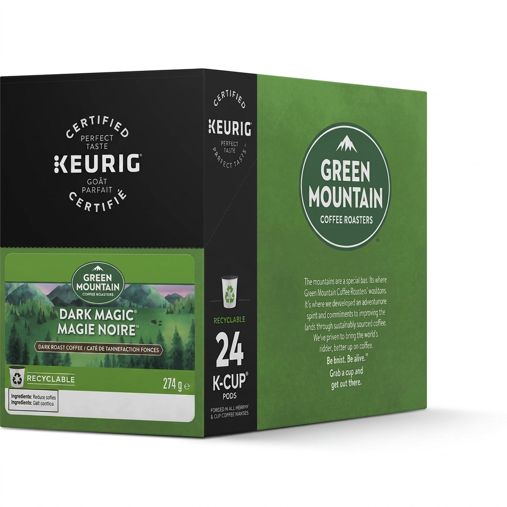 A high-resolution, centered view of the Keurig Green Mountain Dark Magic 24-can coffee cartridge box over a pure white background. The box's shape, green design, mountain illustration, the "CERTIFIED KEURIG" stamp, and all branding elements are identical to the image. A single white K-cup with a green lid sits at its base.