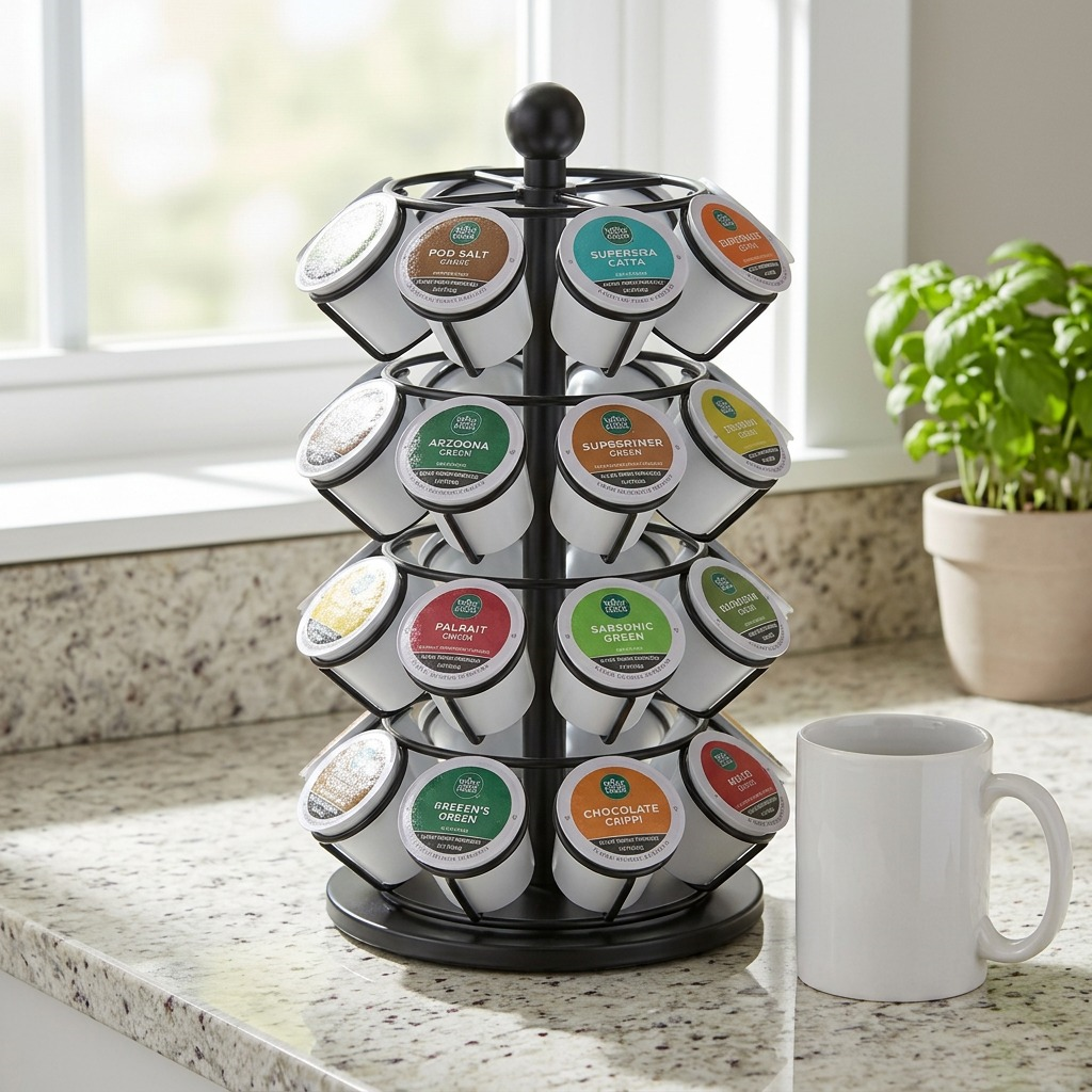 High-resolution hero shot of the chrome wire Keurig K-Cup Carousel, holding 16 original-style capsules.