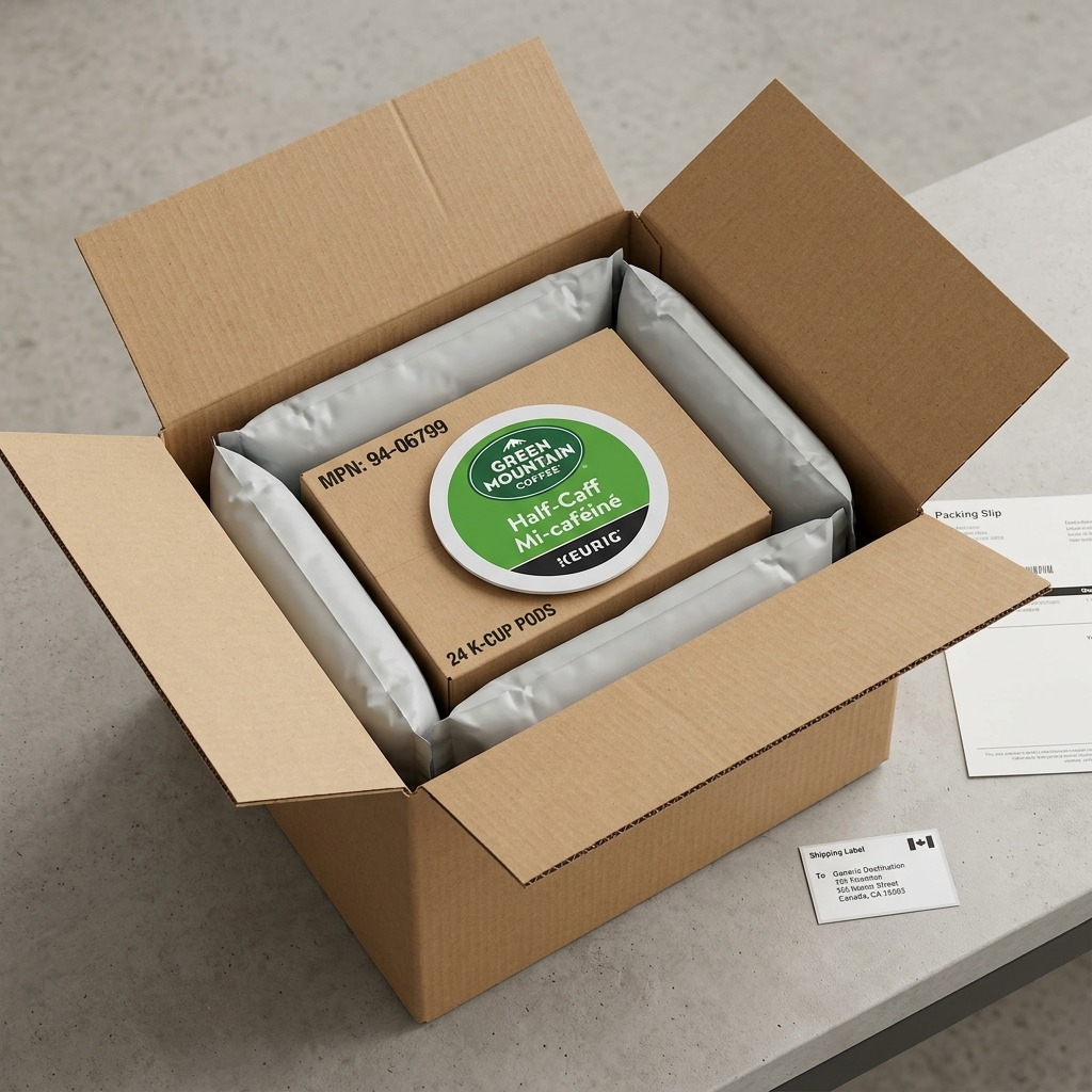 Hero shot of a Green Mountain Coffee Half-Caff K-Cup pod for Keurig brewers.