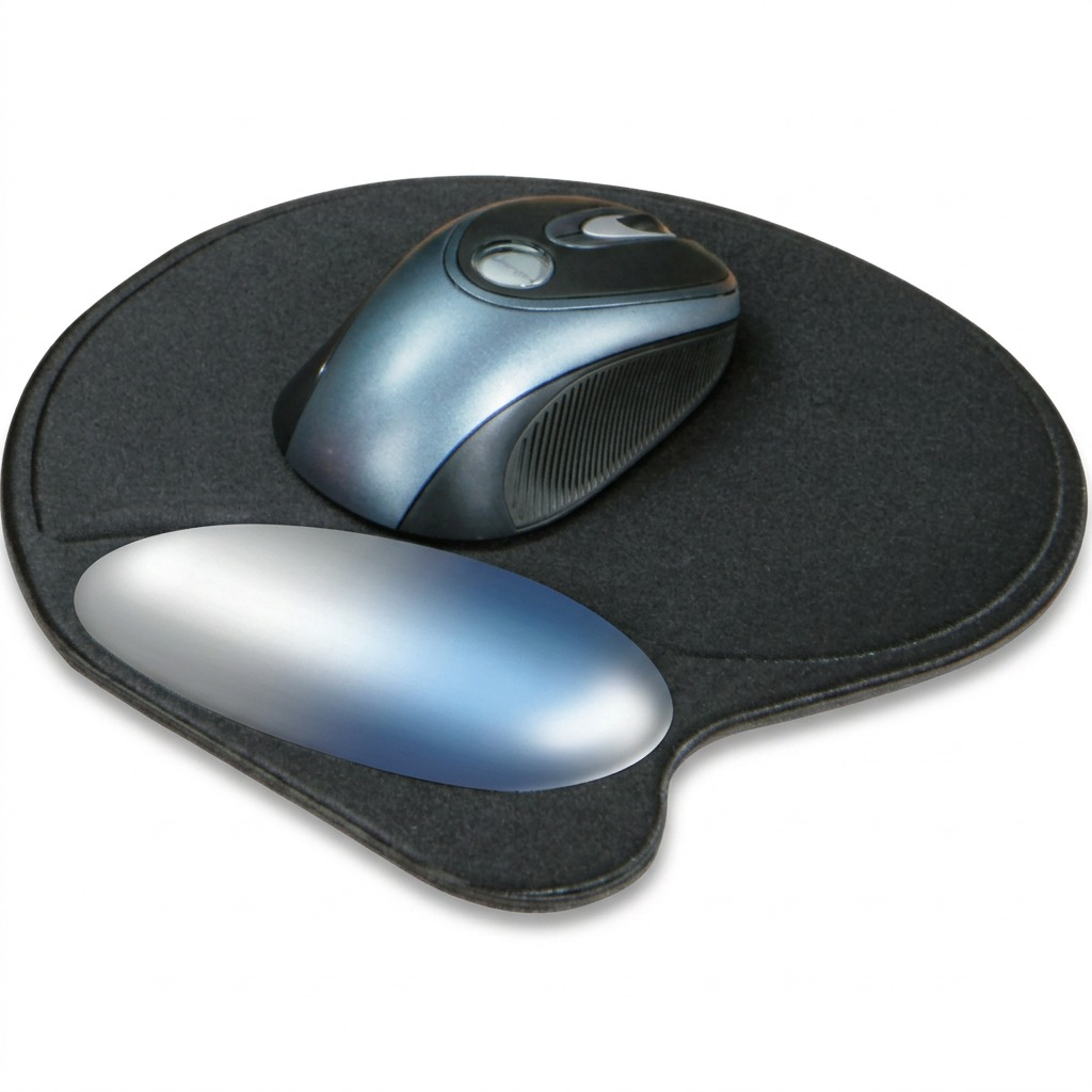 Black Kensington mouse pad with integrated silver ergonomic wrist pillow and a wireless mouse.