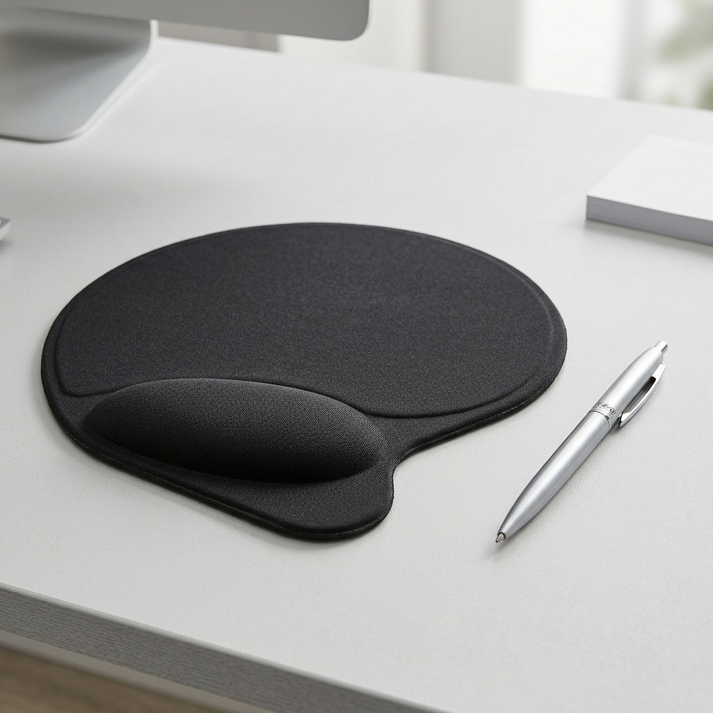 Black Kensington mouse pad with integrated silver ergonomic wrist pillow and a wireless mouse.