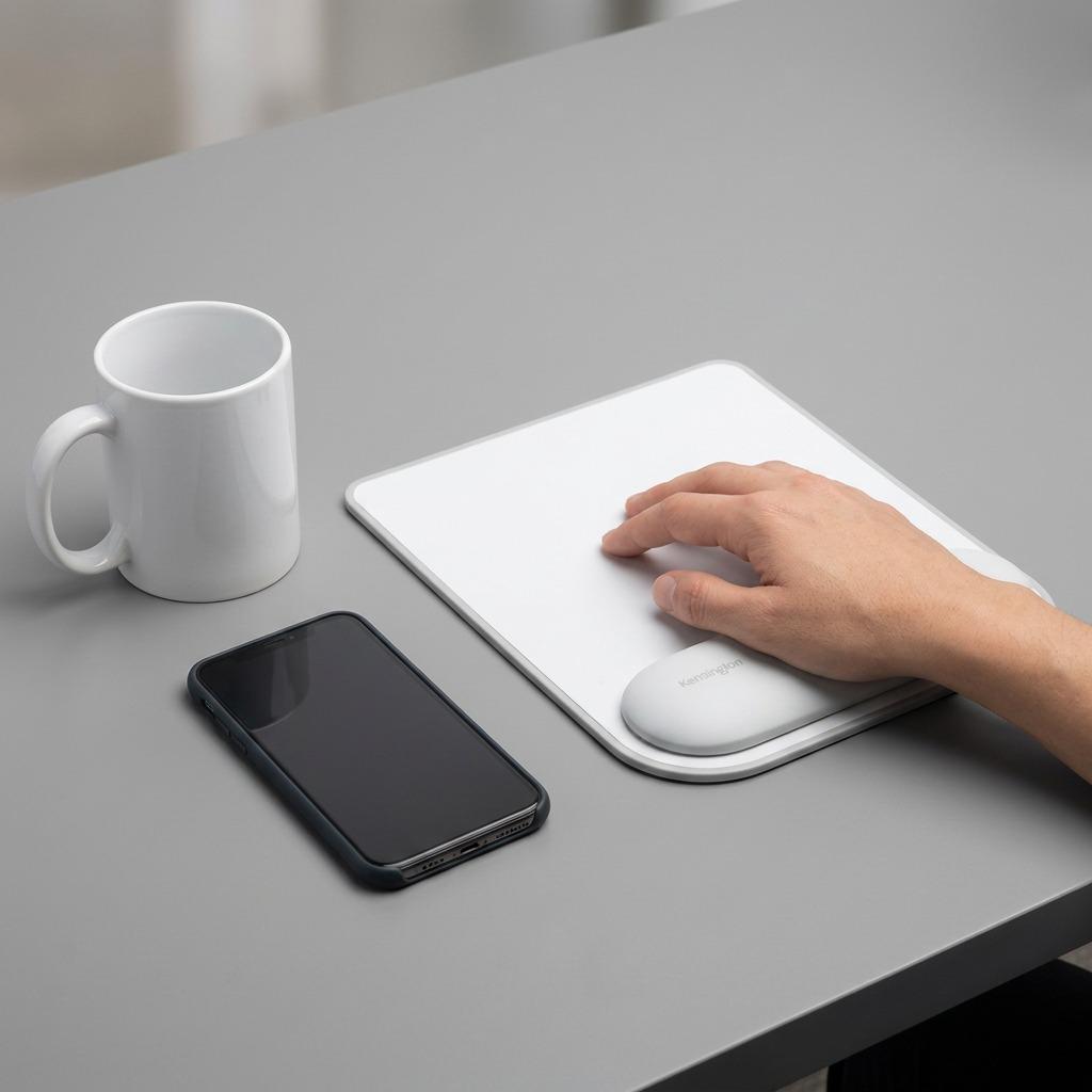 Grey Kensington ErgoSoft mouse pad with an integrated gel-cushioned ergonomic wrist rest on white.