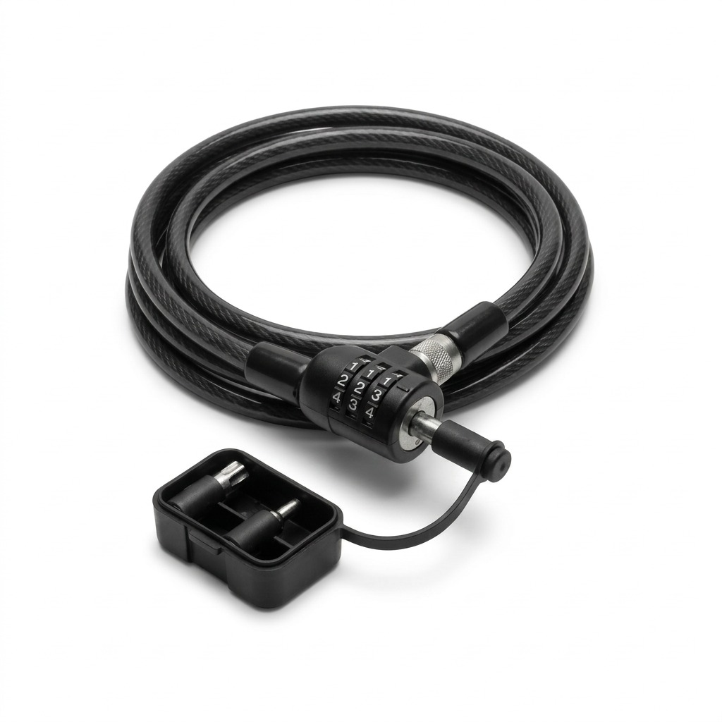 Kensington 3-in-1 resettable 4-wheel combination laptop lock with coiled carbon steel cable.