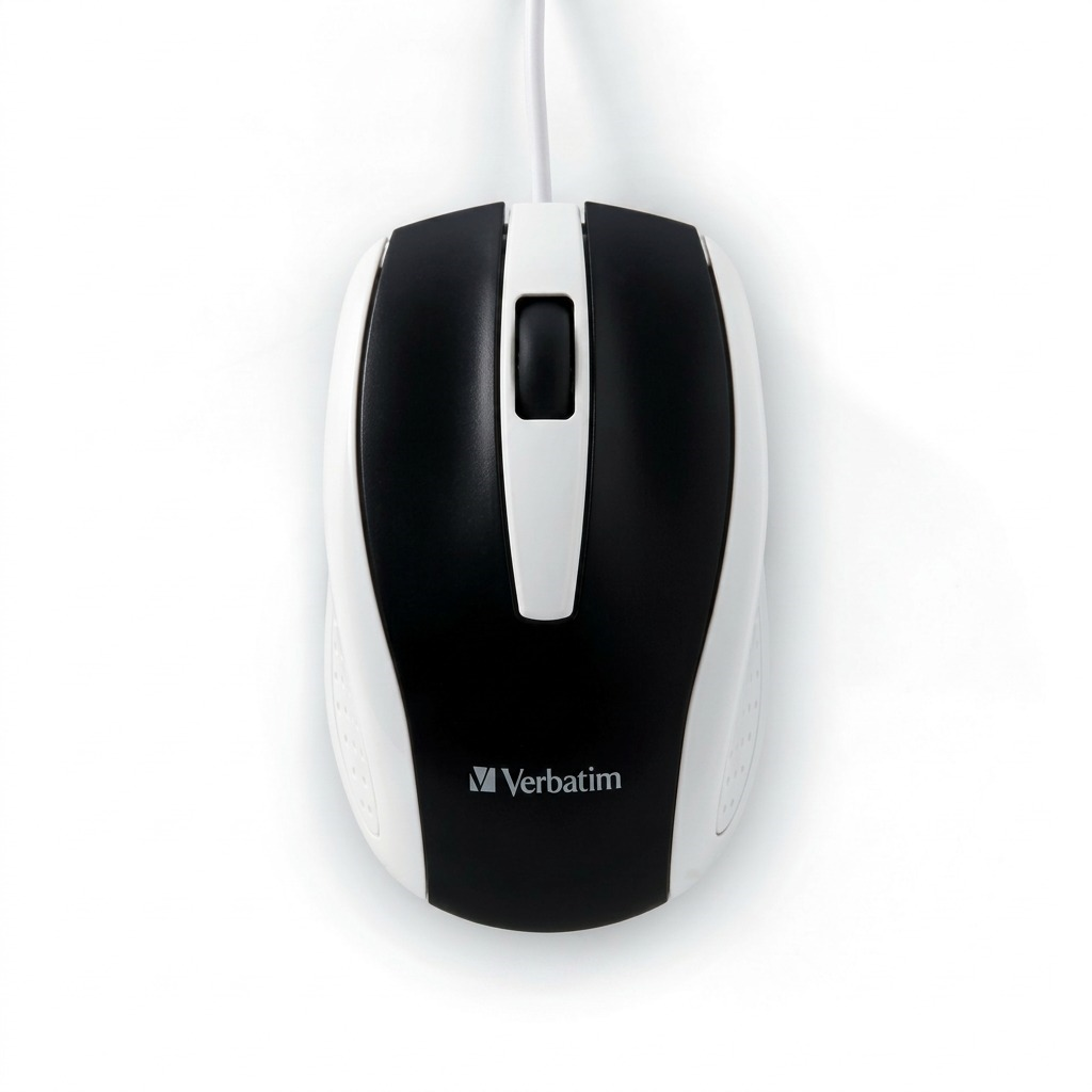 Pure high-resolution hero shot of the Verbatim Wired Optical Bravo Mouse, white and black.