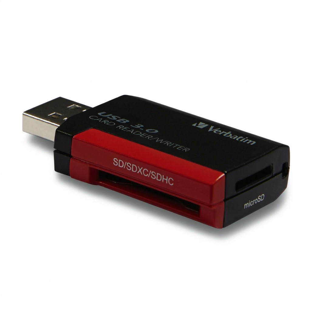 High-resolution, centered ecommerce hero shot of the Verbatim Pocket Reader SD/microSD USB 3.0 (MPN: 98538, UPC: 023942985389) on a pure white background. The 3/4 angle highlights the black and red two-tone design, the USB 3.0 connector, and the clean 'Verbatim' logo. The exact shape, product markings, and slots for SD and microSD are crisply rendered.