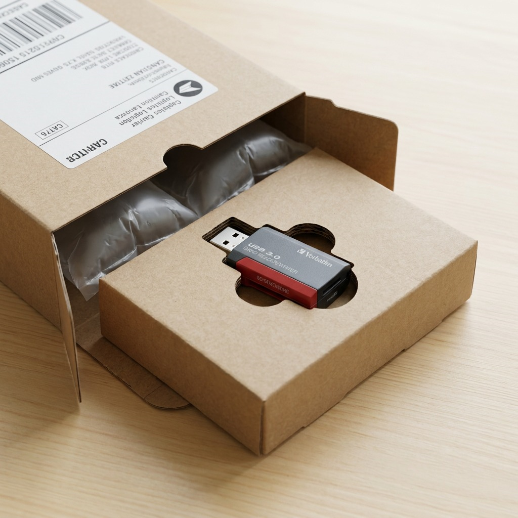 High-resolution, centered ecommerce hero shot of the Verbatim Pocket Reader SD/microSD USB 3.0 (MPN: 98538, UPC: 023942985389) on a pure white background. The 3/4 angle highlights the black and red two-tone design, the USB 3.0 connector, and the clean 'Verbatim' logo. The exact shape, product markings, and slots for SD and microSD are crisply rendered.
