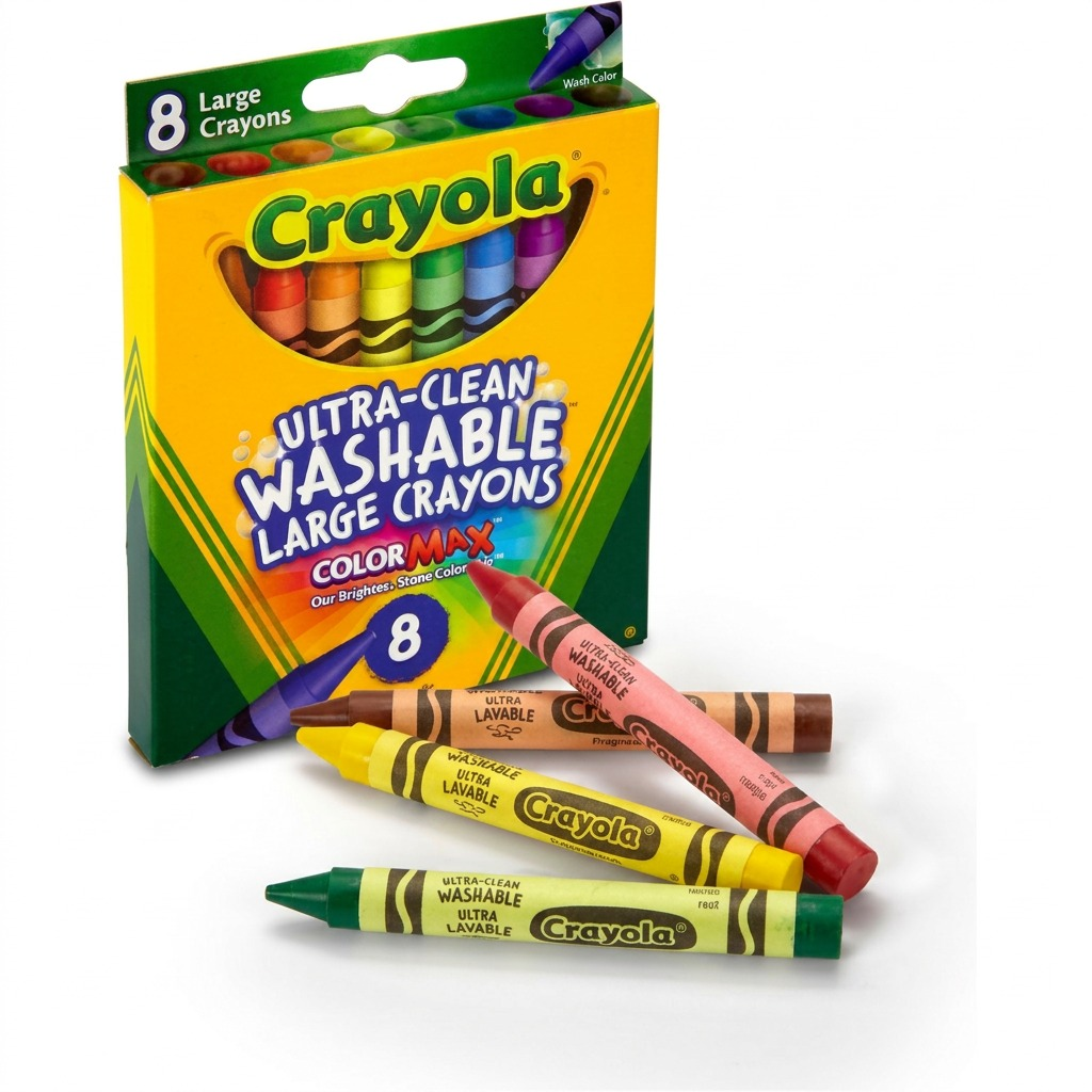 Box of 8 Crayola Ultra-Clean Washable Large Crayons with individual pink, yellow, and green crayons.