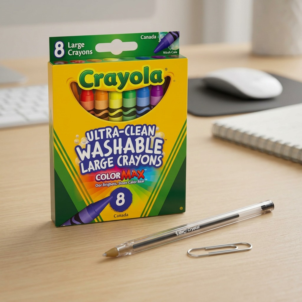 Box of 8 Crayola Ultra-Clean Washable Large Crayons with individual pink, yellow, and green crayons.