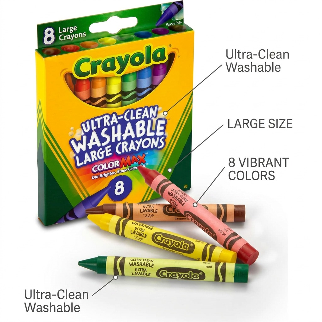 8-pack Crayola Large Ultra-Clean Washable Crayons with feature callouts for size and vivid colors.