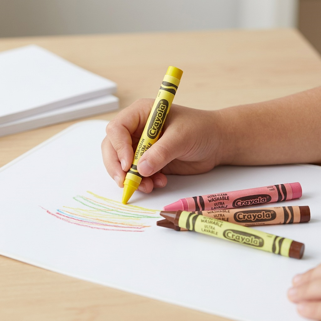 A child's hand using a yellow Crayola Large Ultra-Clean Washable Crayon to draw on white paper.