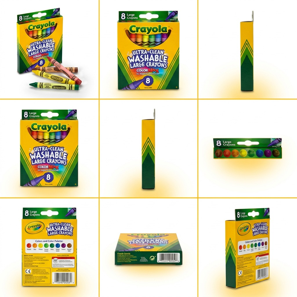 A grid matrix showing Crayola 8-count Ultra-Clean Large Washable Crayons from multiple angles.
